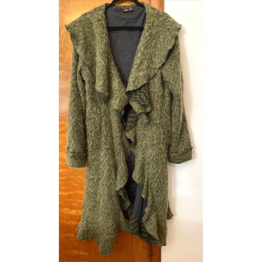 Ian Mosh Faux Mohair Sweater Ruffle Bohemian Festival Long Coat M/L Green Fairy
